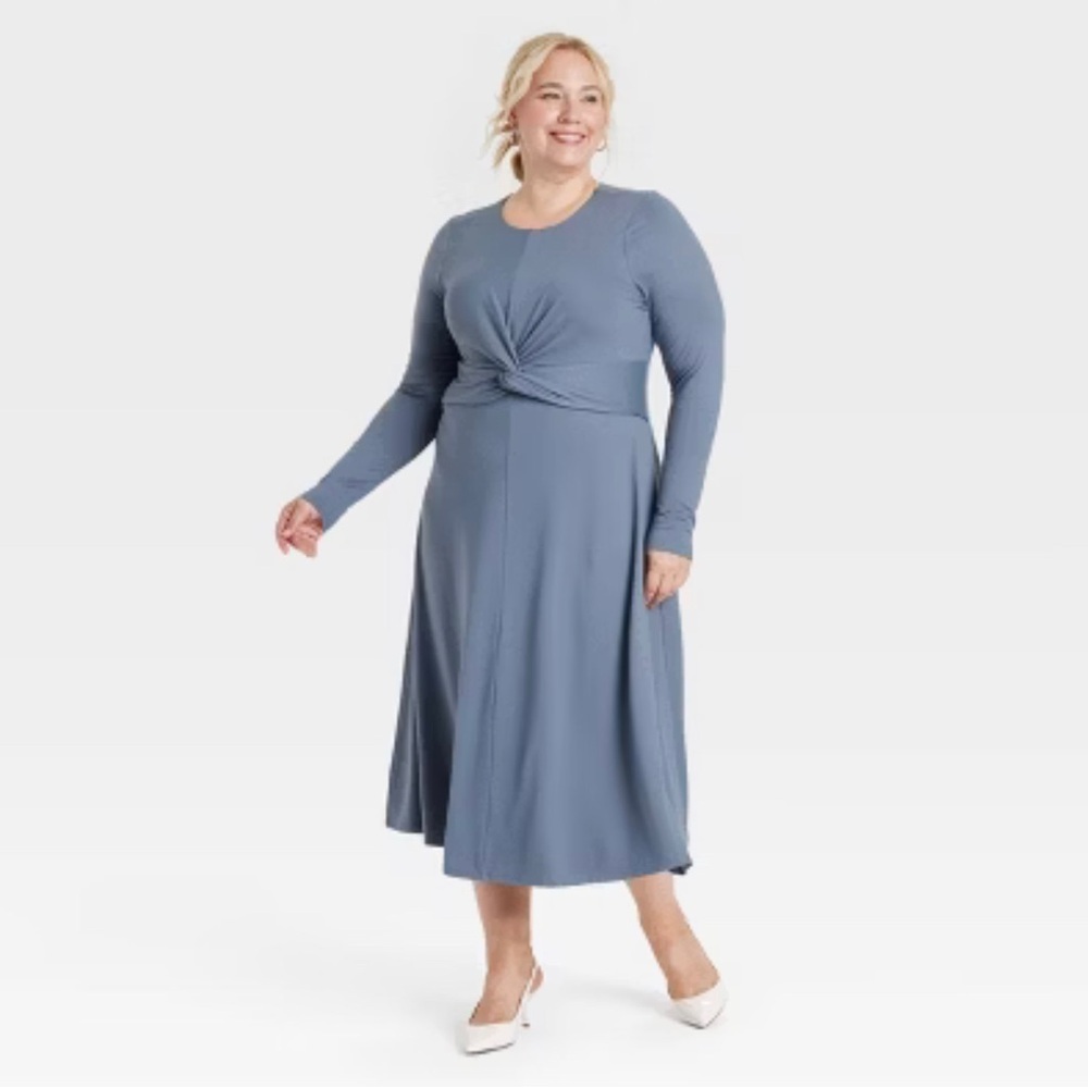 NWT Women's Long Sleeve Twist-Front Midi Dress A New Day Blue Multiple Sizes XS​ - Picture 4 of 6